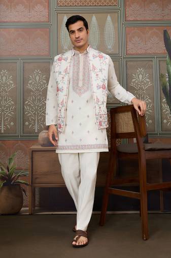 White silk premium thread & sequins embroidered work wedding festival party wear straight kurta with jacke and pant