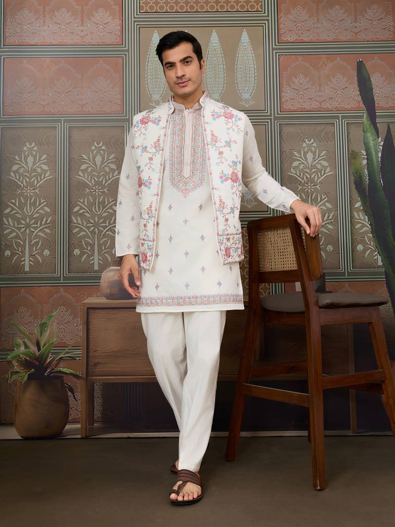 White silk premium thread & sequins embroidered work wedding festival party wear straight kurta with jacke and pant