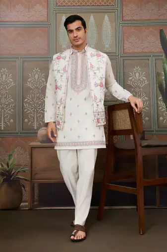 White silk premium thread & sequins embroidered work wedding festival party wear straight kurta with jacke and pant