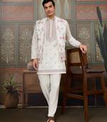 WHITE SILK PREMIUM THREAD & SEQUINS EMBROIDERED WORK WEDDING FESTIVAL PARTY WEAR STRAIGHT KURTA WITH JACKE AND PANT
