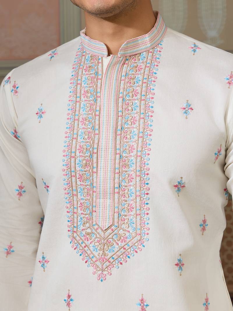 WHITE SILK PREMIUM THREAD & SEQUINS EMBROIDERED WORK WEDDING FESTIVAL PARTY WEAR STRAIGHT KURTA WITH JACKE AND PANT