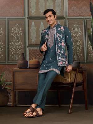 GREEN SILK PREMIUM THREAD & SEQUINS EMBROIDERED WORK WEDDING FESTIVAL PARTY WEAR STRAIGHT KURTA WITH JACKE AND PANT 1