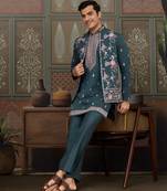 Green silk premium thread & sequins embroidered work wedding festival party wear straight kurta with jacke and pant