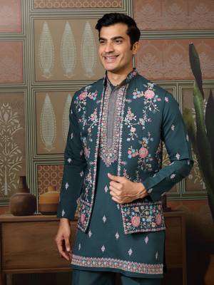 GREEN SILK PREMIUM THREAD & SEQUINS EMBROIDERED WORK WEDDING FESTIVAL PARTY WEAR STRAIGHT KURTA WITH JACKE AND PANT 3