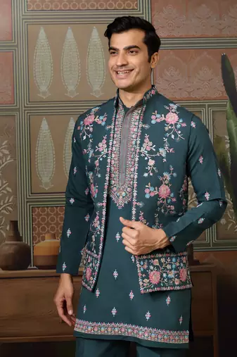 GREEN SILK PREMIUM THREAD & SEQUINS EMBROIDERED WORK WEDDING FESTIVAL PARTY WEAR STRAIGHT KURTA WITH JACKE AND PANT