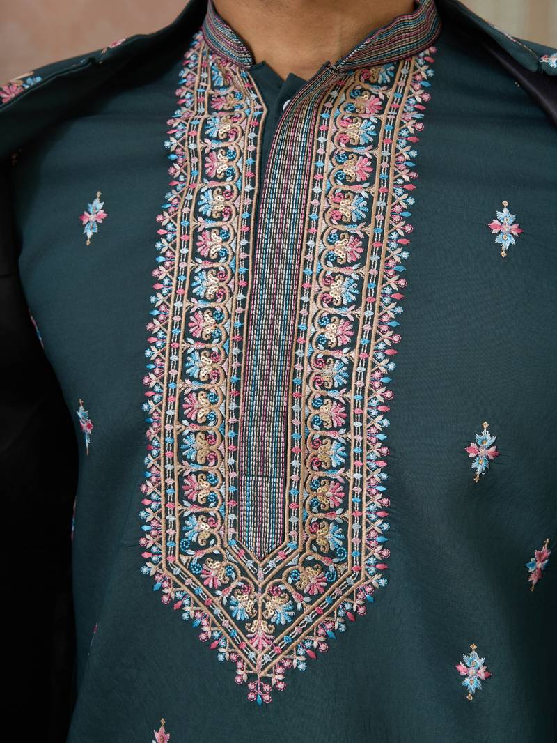 Green silk premium thread & sequins embroidered work wedding festival party wear straight kurta with jacke and pant