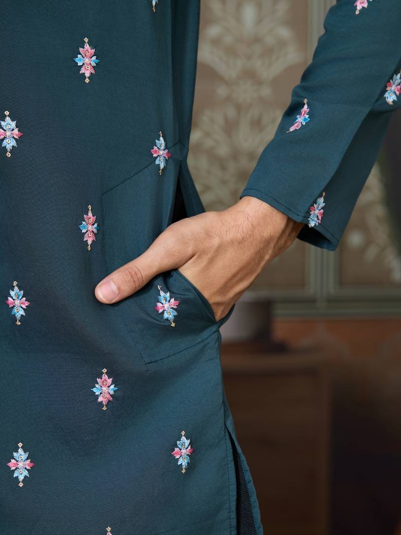 Green silk premium thread & sequins embroidered work wedding festival party wear straight kurta with jacke and pant