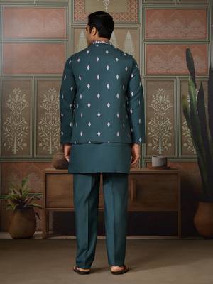 GREEN SILK PREMIUM THREAD & SEQUINS EMBROIDERED WORK WEDDING FESTIVAL PARTY WEAR STRAIGHT KURTA WITH JACKE AND PANT 6