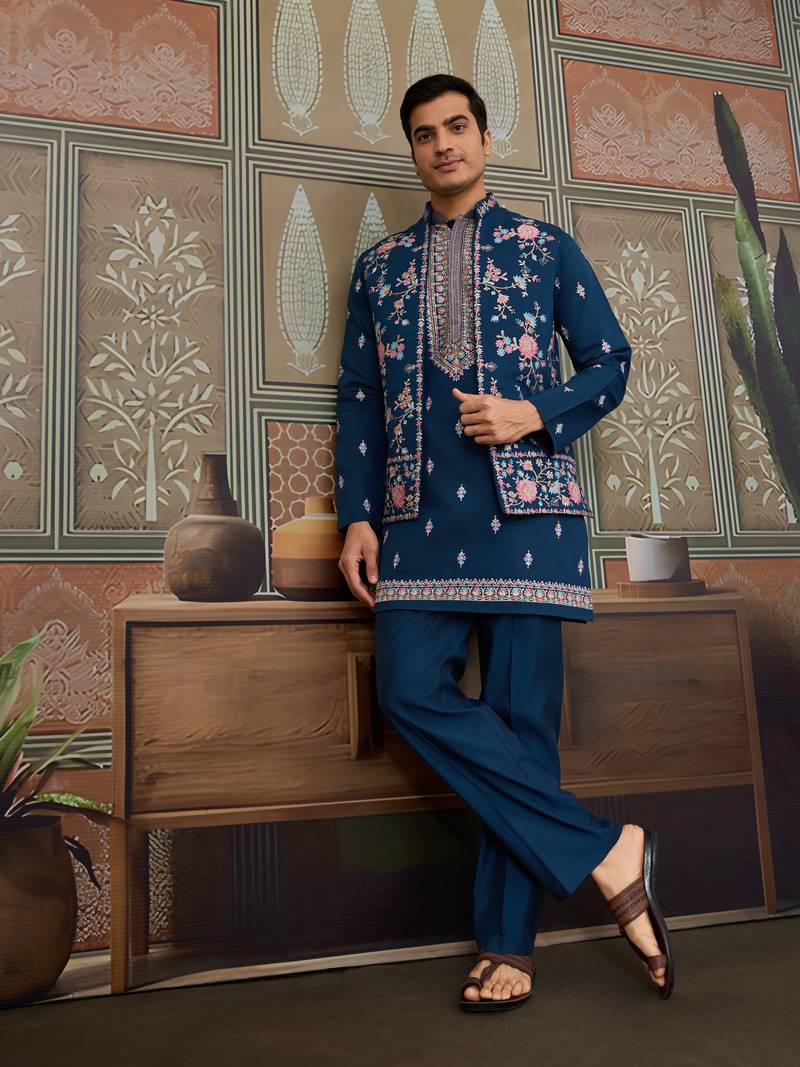 Teal blue silk premium thread & sequins embroidered work wedding festival party wear straight kurta with jacke and pant