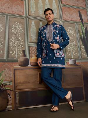 TEAL BLUE SILK PREMIUM THREAD & SEQUINS EMBROIDERED WORK WEDDING FESTIVAL PARTY WEAR STRAIGHT KURTA WITH JACKE AND PANT 1