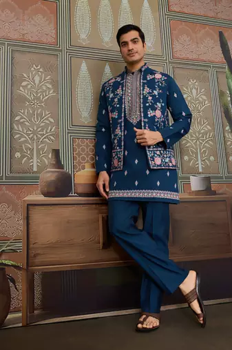 Teal blue silk premium thread & sequins embroidered work wedding festival party wear straight kurta with jacke and pant