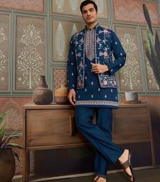 TEAL BLUE SILK PREMIUM THREAD & SEQUINS EMBROIDERED WORK WEDDING FESTIVAL PARTY WEAR STRAIGHT KURTA WITH JACKE AND PANT