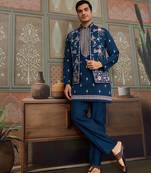 Teal blue silk premium thread & sequins embroidered work wedding festival party wear straight kurta with jacke and pant