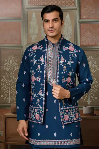 TEAL BLUE SILK PREMIUM THREAD & SEQUINS EMBROIDERED WORK WEDDING FESTIVAL PARTY WEAR STRAIGHT KURTA WITH JACKE AND PANT