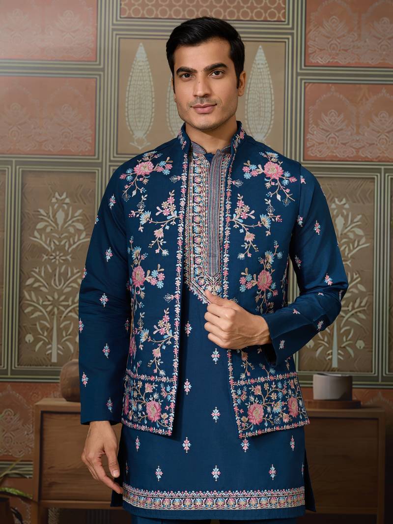 Teal blue silk premium thread & sequins embroidered work wedding festival party wear straight kurta with jacke and pant