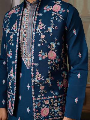 TEAL BLUE SILK PREMIUM THREAD & SEQUINS EMBROIDERED WORK WEDDING FESTIVAL PARTY WEAR STRAIGHT KURTA WITH JACKE AND PANT 4