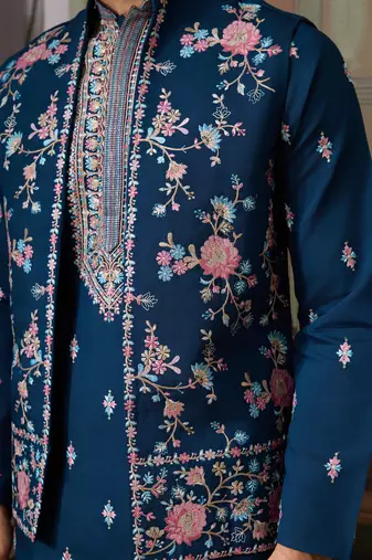 TEAL BLUE SILK PREMIUM THREAD & SEQUINS EMBROIDERED WORK WEDDING FESTIVAL PARTY WEAR STRAIGHT KURTA WITH JACKE AND PANT