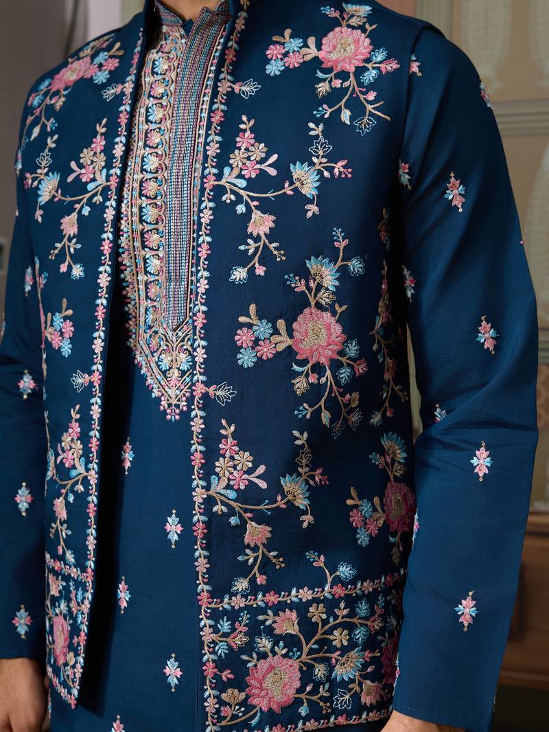 Teal blue silk premium thread & sequins embroidered work wedding festival party wear straight kurta with jacke and pant