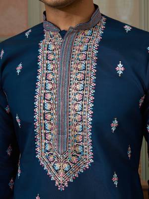 TEAL BLUE SILK PREMIUM THREAD & SEQUINS EMBROIDERED WORK WEDDING FESTIVAL PARTY WEAR STRAIGHT KURTA WITH JACKE AND PANT 5