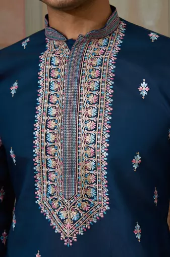 TEAL BLUE SILK PREMIUM THREAD & SEQUINS EMBROIDERED WORK WEDDING FESTIVAL PARTY WEAR STRAIGHT KURTA WITH JACKE AND PANT