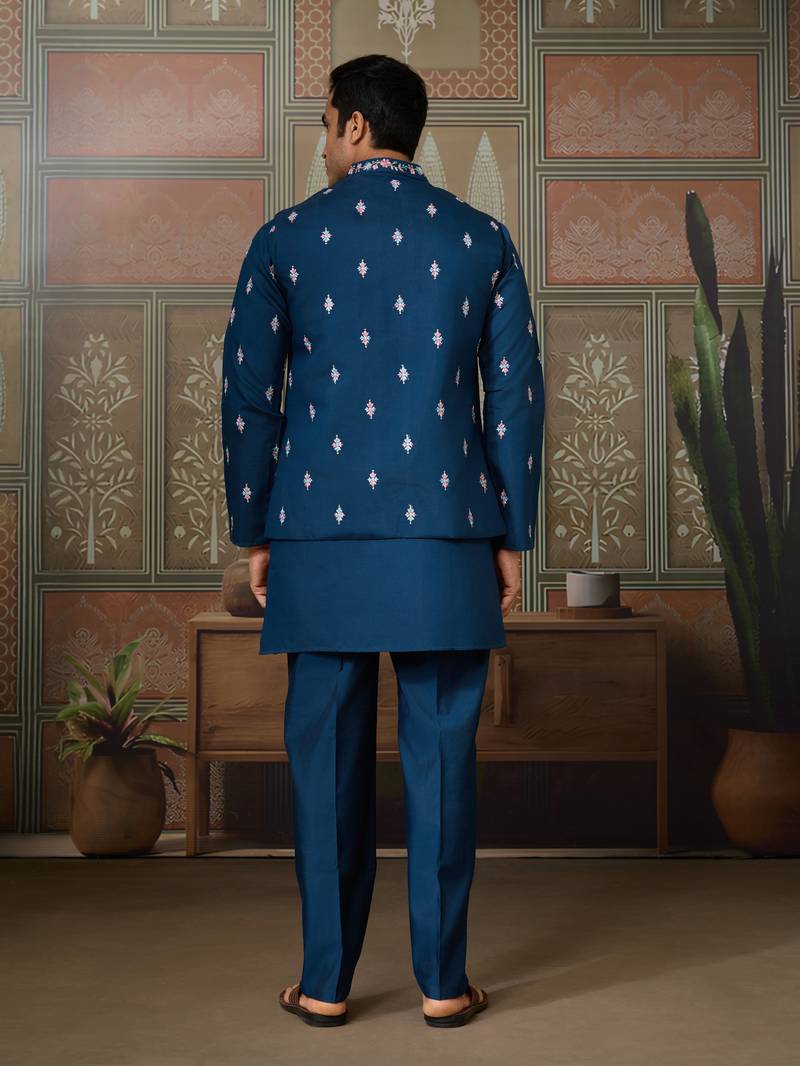 Teal blue silk premium thread & sequins embroidered work wedding festival party wear straight kurta with jacke and pant