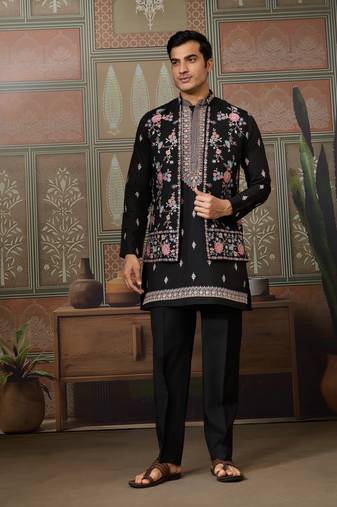 Black silk premium thread & sequins embroidered work wedding festival party wear straight kurta with jacke and pant