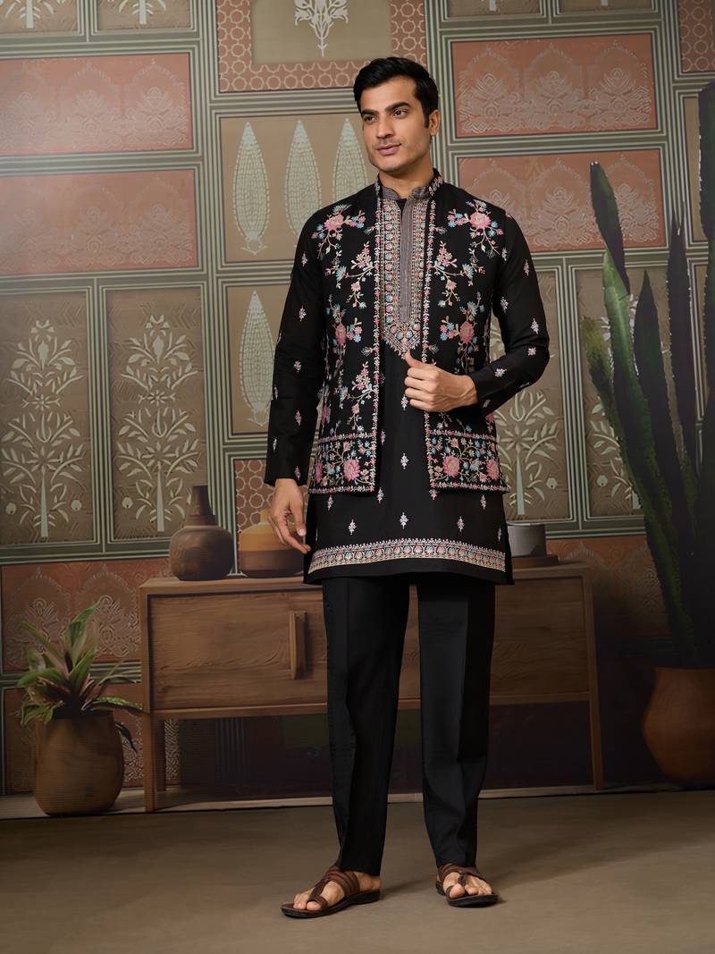 Black silk premium thread & sequins embroidered work wedding festival party wear straight kurta with jacke and pant