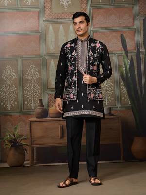 BLACK SILK PREMIUM THREAD & SEQUINS EMBROIDERED WORK WEDDING FESTIVAL PARTY WEAR STRAIGHT KURTA WITH JACKE AND PANT 1