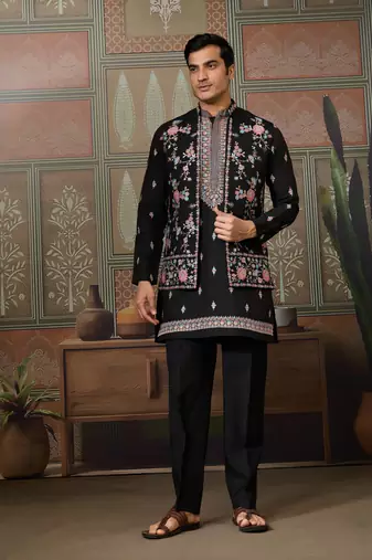 Black silk premium thread & sequins embroidered work wedding festival party wear straight kurta with jacke and pant