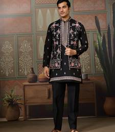 BLACK SILK PREMIUM THREAD & SEQUINS EMBROIDERED WORK WEDDING FESTIVAL PARTY WEAR STRAIGHT KURTA WITH JACKE AND PANT