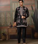 Black silk premium thread & sequins embroidered work wedding festival party wear straight kurta with jacke and pant