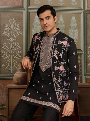 BLACK SILK PREMIUM THREAD & SEQUINS EMBROIDERED WORK WEDDING FESTIVAL PARTY WEAR STRAIGHT KURTA WITH JACKE AND PANT 3