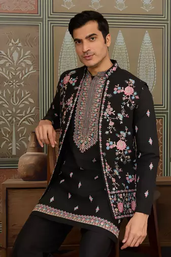 BLACK SILK PREMIUM THREAD & SEQUINS EMBROIDERED WORK WEDDING FESTIVAL PARTY WEAR STRAIGHT KURTA WITH JACKE AND PANT