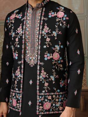BLACK SILK PREMIUM THREAD & SEQUINS EMBROIDERED WORK WEDDING FESTIVAL PARTY WEAR STRAIGHT KURTA WITH JACKE AND PANT 4