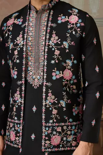 BLACK SILK PREMIUM THREAD & SEQUINS EMBROIDERED WORK WEDDING FESTIVAL PARTY WEAR STRAIGHT KURTA WITH JACKE AND PANT
