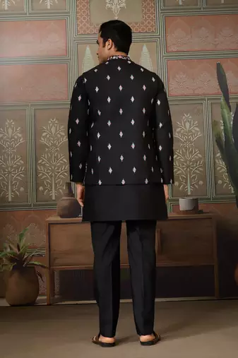 BLACK SILK PREMIUM THREAD & SEQUINS EMBROIDERED WORK WEDDING FESTIVAL PARTY WEAR STRAIGHT KURTA WITH JACKE AND PANT