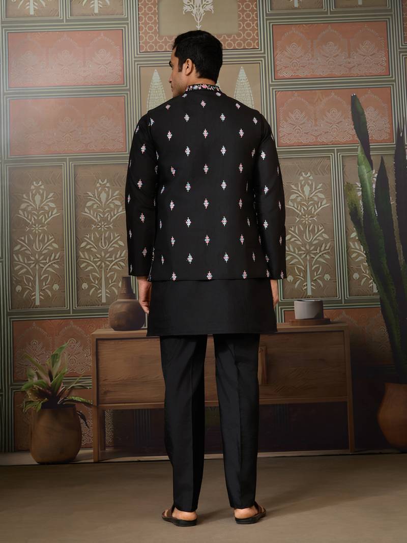 Black silk premium thread & sequins embroidered work wedding festival party wear straight kurta with jacke and pant