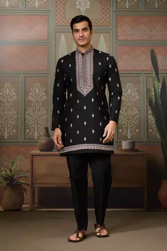 BLACK SILK PREMIUM THREAD & SEQUINS EMBROIDERED WORK WEDDING FESTIVAL PARTY WEAR STRAIGHT KURTA WITH JACKE AND PANT