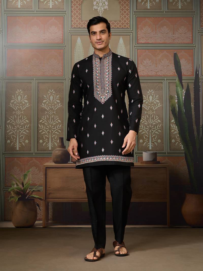 Black silk premium thread & sequins embroidered work wedding festival party wear straight kurta with jacke and pant