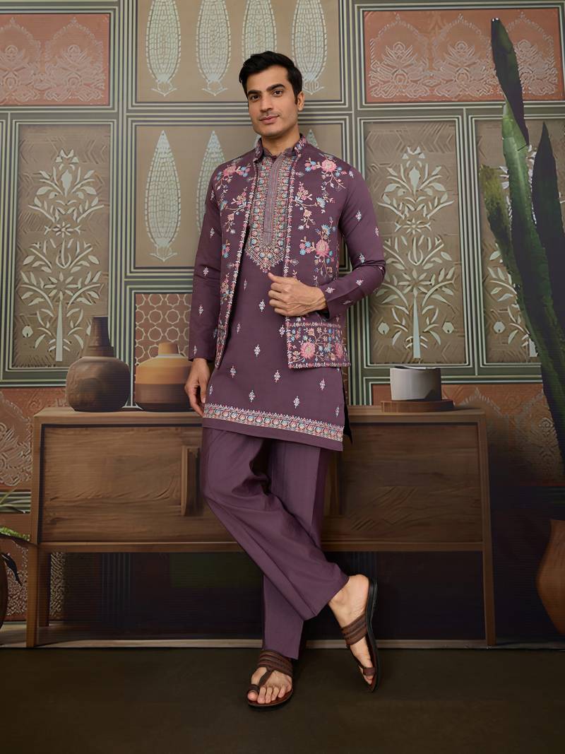 Dusty purple silk premium thread & sequins embroidered work festival party wear straight kurta with jacke and pant