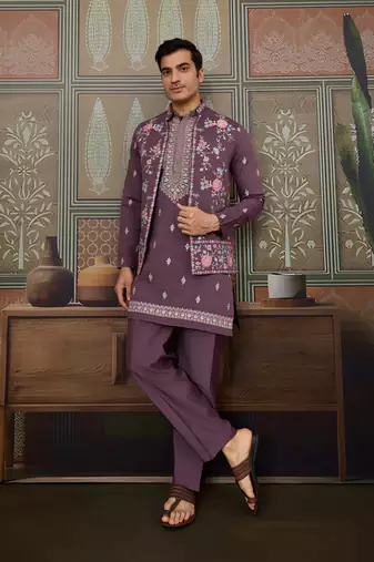 Dusty purple silk premium thread & sequins embroidered work festival party wear straight kurta with jacke and pant