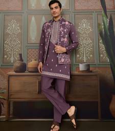 DUSTY PURPLE SILK PREMIUM THREAD & SEQUINS EMBROIDERED WORK FESTIVAL PARTY WEAR STRAIGHT KURTA WITH JACKE AND PANT