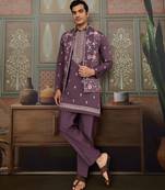 Dusty purple silk premium thread & sequins embroidered work festival party wear straight kurta with jacke and pant