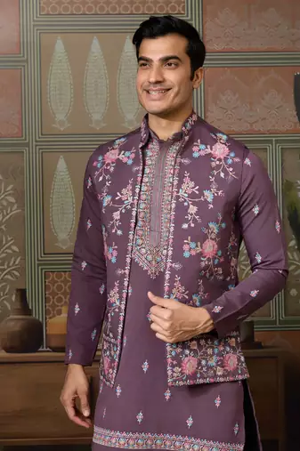 DUSTY PURPLE SILK PREMIUM THREAD & SEQUINS EMBROIDERED WORK FESTIVAL PARTY WEAR STRAIGHT KURTA WITH JACKE AND PANT