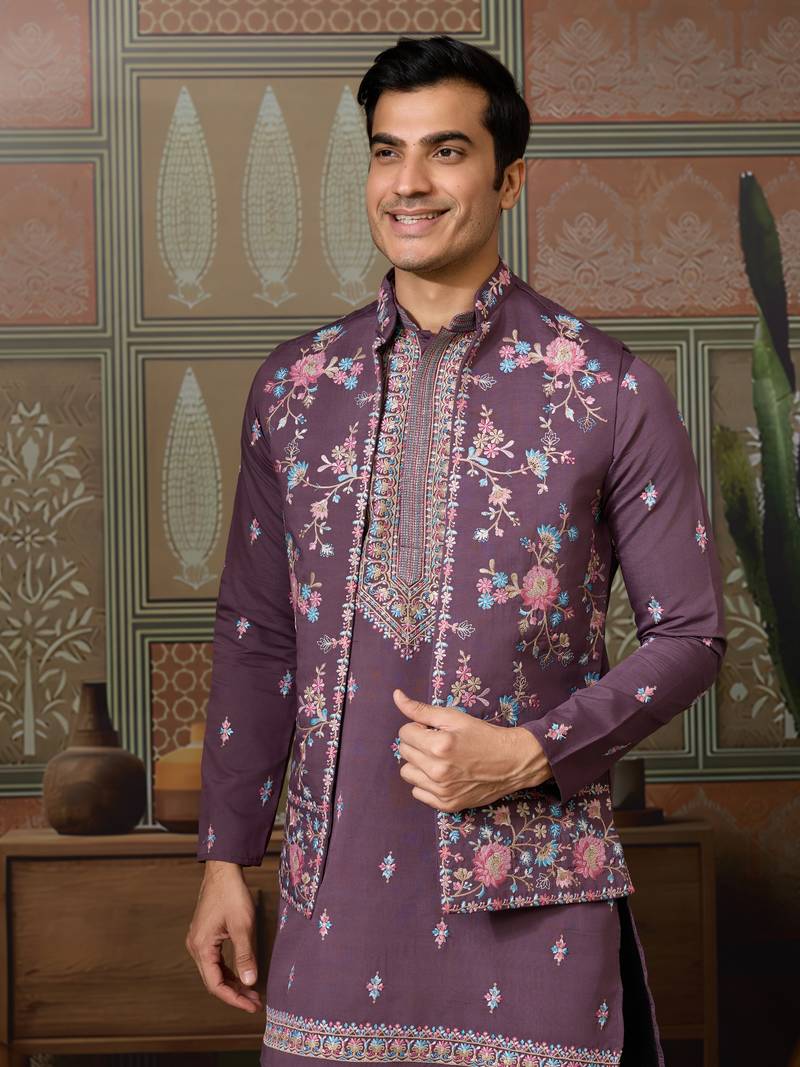 Dusty purple silk premium thread & sequins embroidered work festival party wear straight kurta with jacke and pant