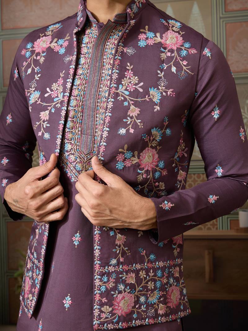 Dusty purple silk premium thread & sequins embroidered work festival party wear straight kurta with jacke and pant