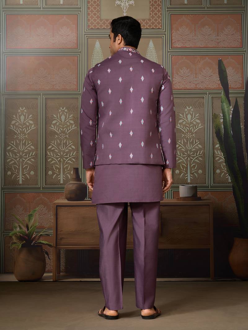 Dusty purple silk premium thread & sequins embroidered work festival party wear straight kurta with jacke and pant