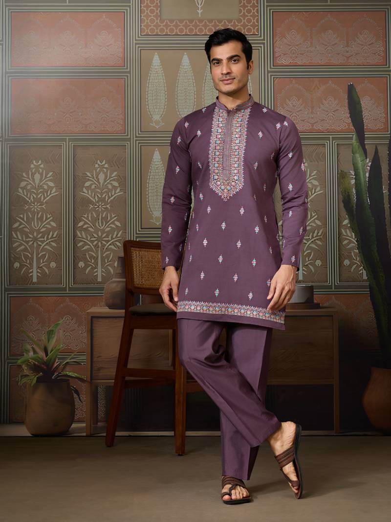 Dusty purple silk premium thread & sequins embroidered work festival party wear straight kurta with jacke and pant