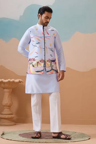 Sky blue silk premium thread & sequins embroidered work wedding festival party wear straight kurta with jacke and pant