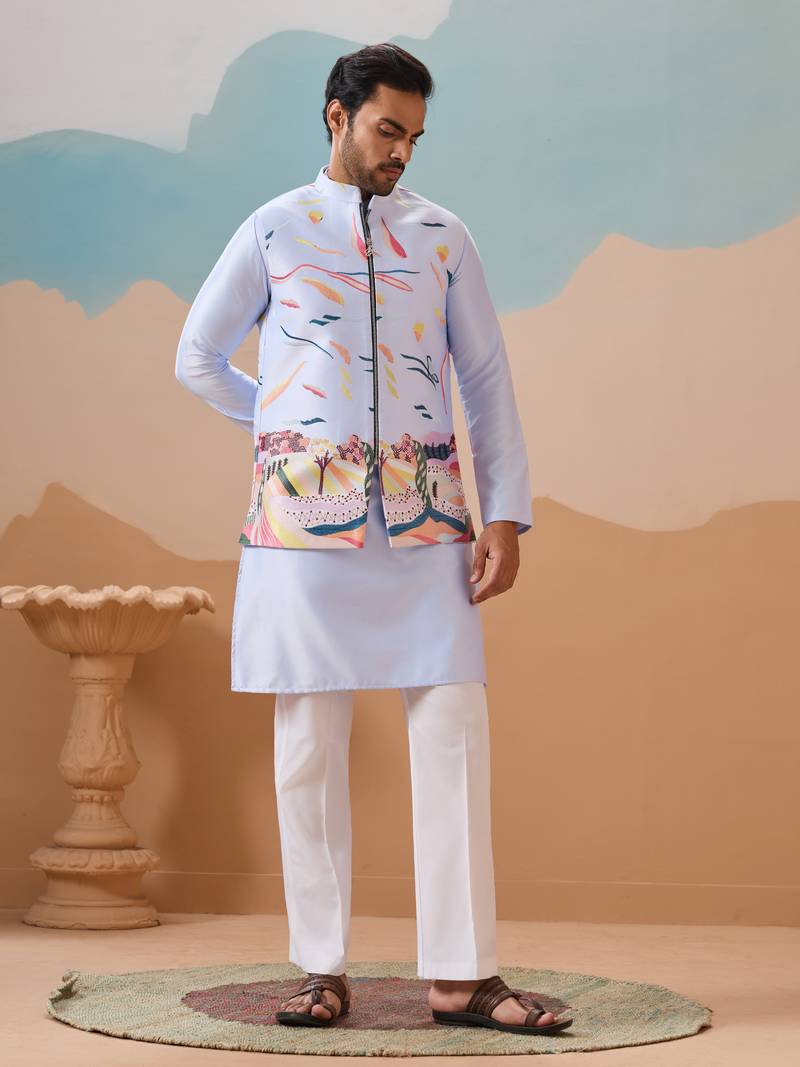 Sky blue silk premium thread & sequins embroidered work wedding festival party wear straight kurta with jacke and pant
